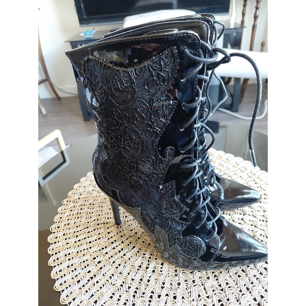 Penny Loves Kenny Black Stiletto Boots Lace Accents 6.5 New Boho Y2k Whimsigoth